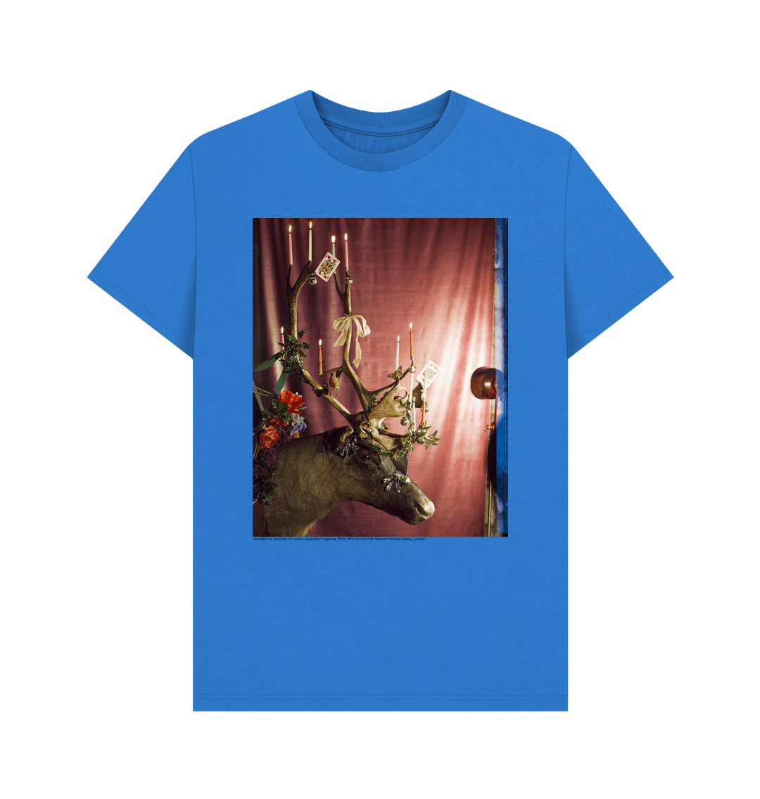 Bright blue reindeer by yevonde unisex crew neck t shirt