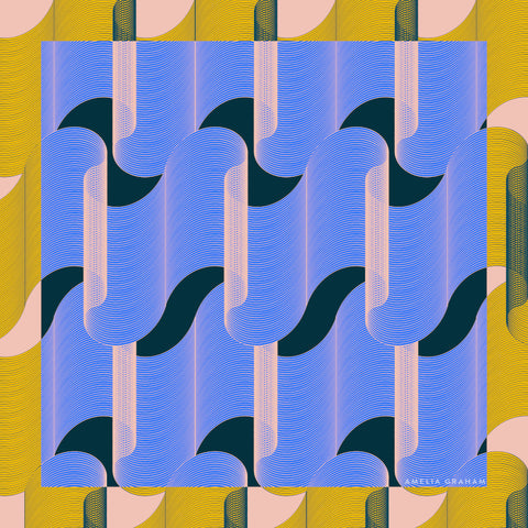 Square silk scarf featuring '1972' geometric pattern in light blue.