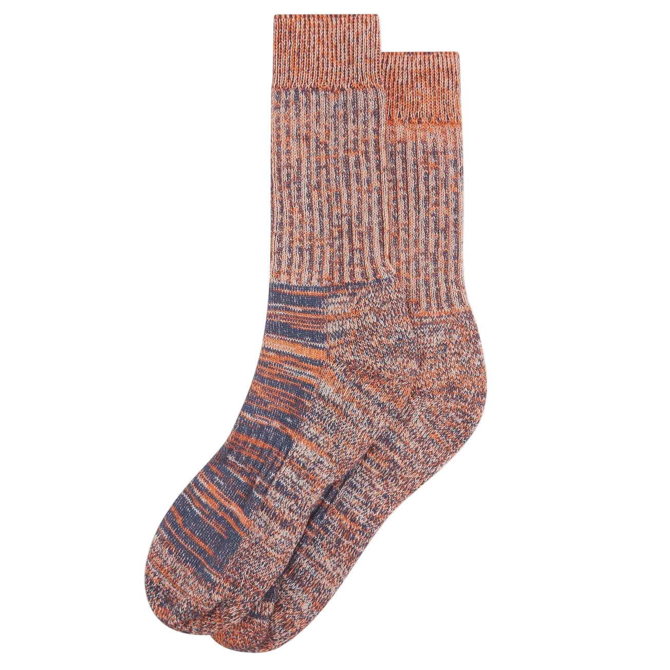 A pair of textured knitted socks in burnt orange and navy tones