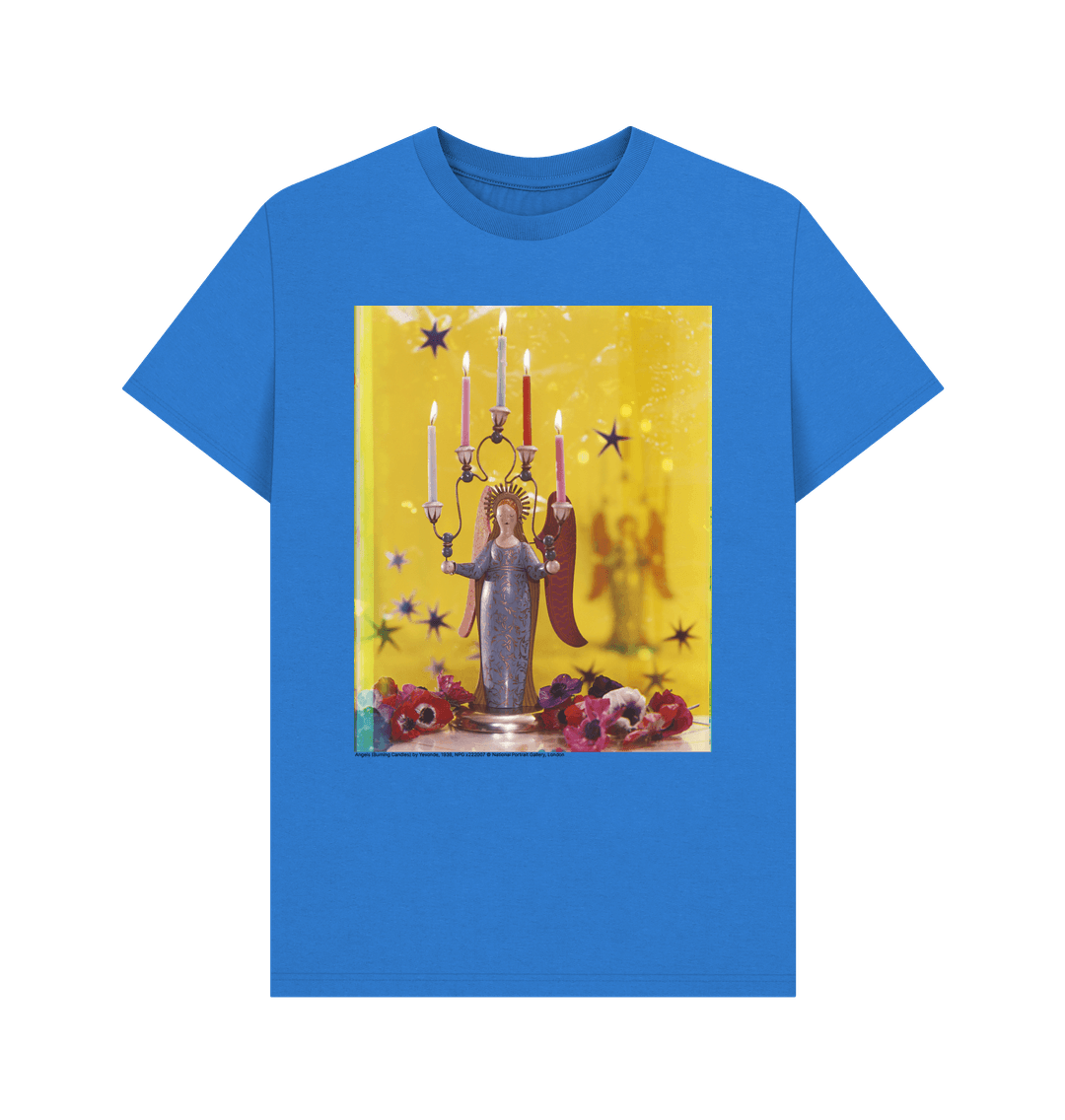 Bright blue angels (burning candles) by yevonde unisex crew neck t shirt
