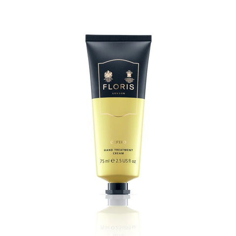 Floris Cerifo hand treatment cream tube in black and yellow with a black lid. 