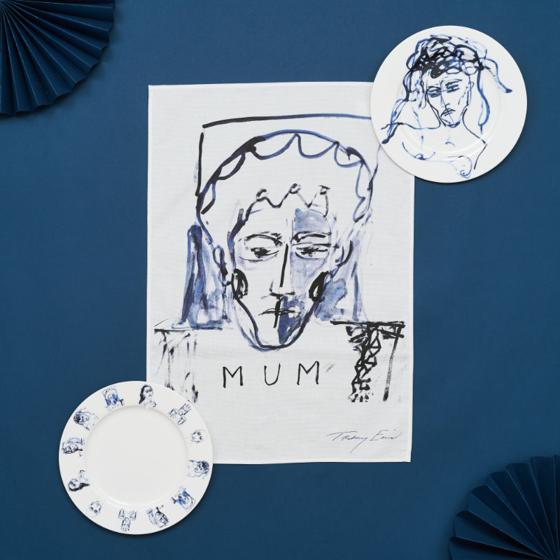 Art print of a face with mum text on a blue background with decorative elements
