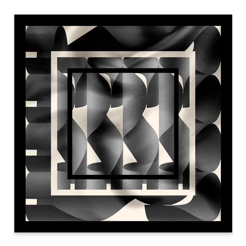 A square scarf with a black and white geometric pattern with a central square frame on a white background