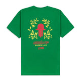 Reverse of green tshirt featuring a graphic print of Fatima's hand in red and yellow.