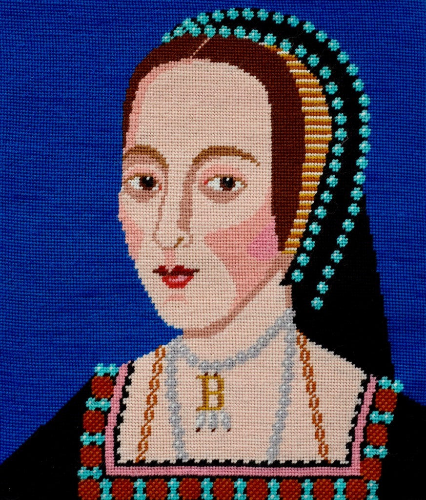 Colourful needlepoint kit of a portrait of anne boleyn in a black dress with her 'b' pearl necklace.