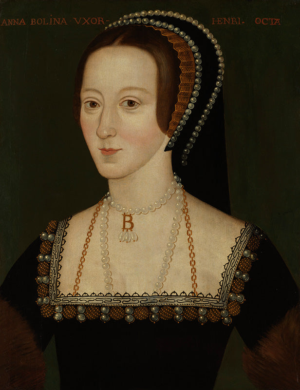 A painted portrait of anne boleyn wearing a dark dress and headpiece with a pearl 'b' initial necklace.