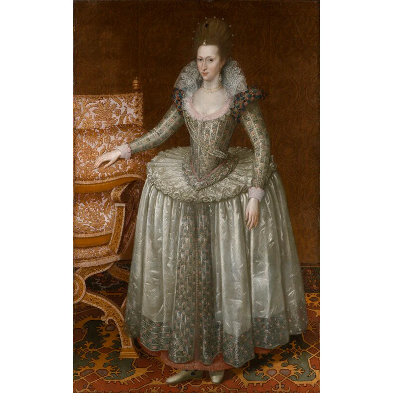 A painting of a woman with brown hair wearing a regal dress, standing by a chair.