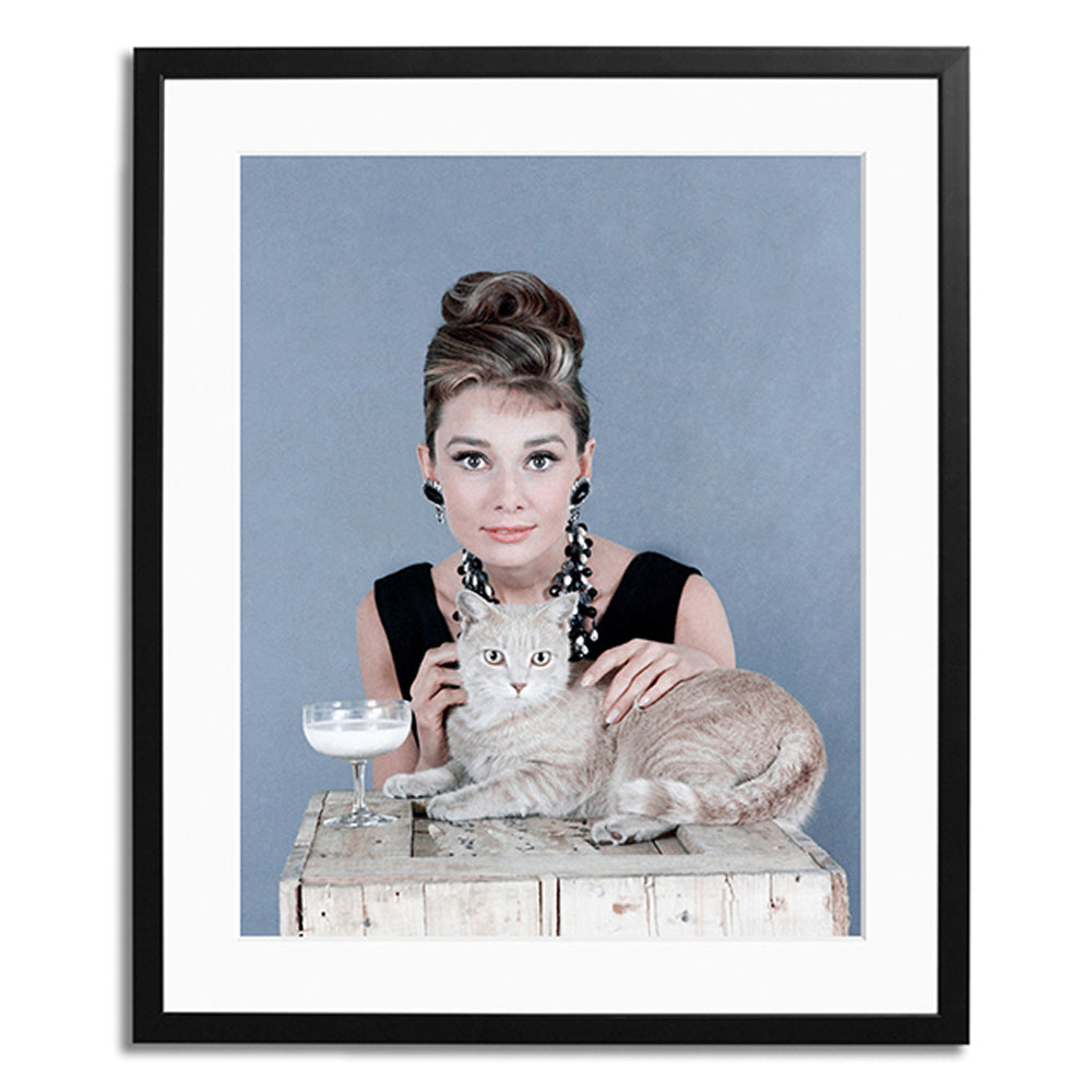 A photograph in a black frame featuring a women in a black dress with black earrings and necklace poses behind a wooden box upon which sits a cat and a drink.