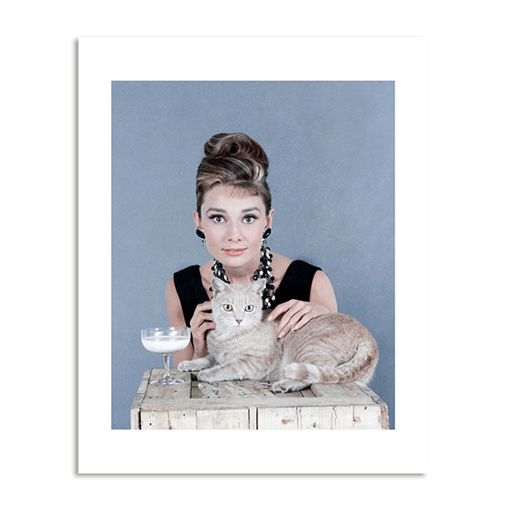 A women in a black dress with black earrings and necklace poses behind a wooden box upon which sits a cat and a drink.