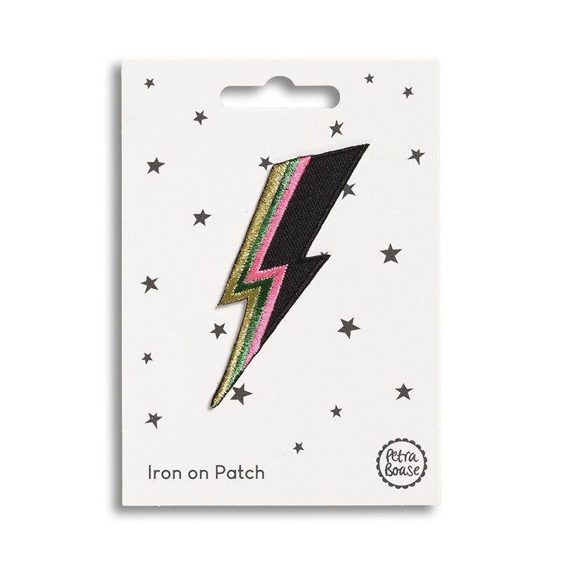 Lightning bolt shaped iron on patch.