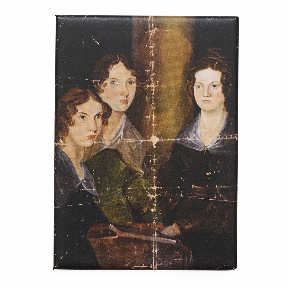 A rectangular magnet featuring a painting of the bronte sisters. three women sit side by side and gaze out of frame in different directions.