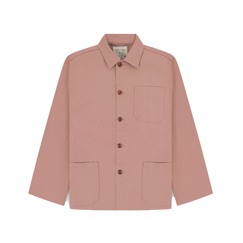 A long sleeved jacket in dusty pink with a collar, five buttons and three pockets on the front.