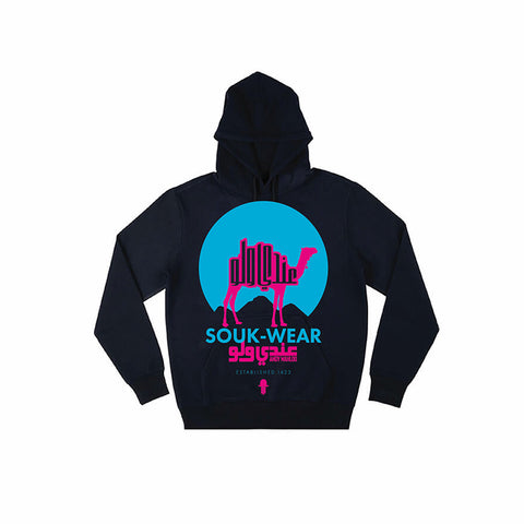 Black hoodie featuring a pink and blue camel graphic.