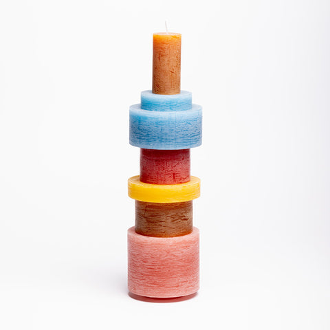 A multicoloured, seven-tiered, stackable candle.