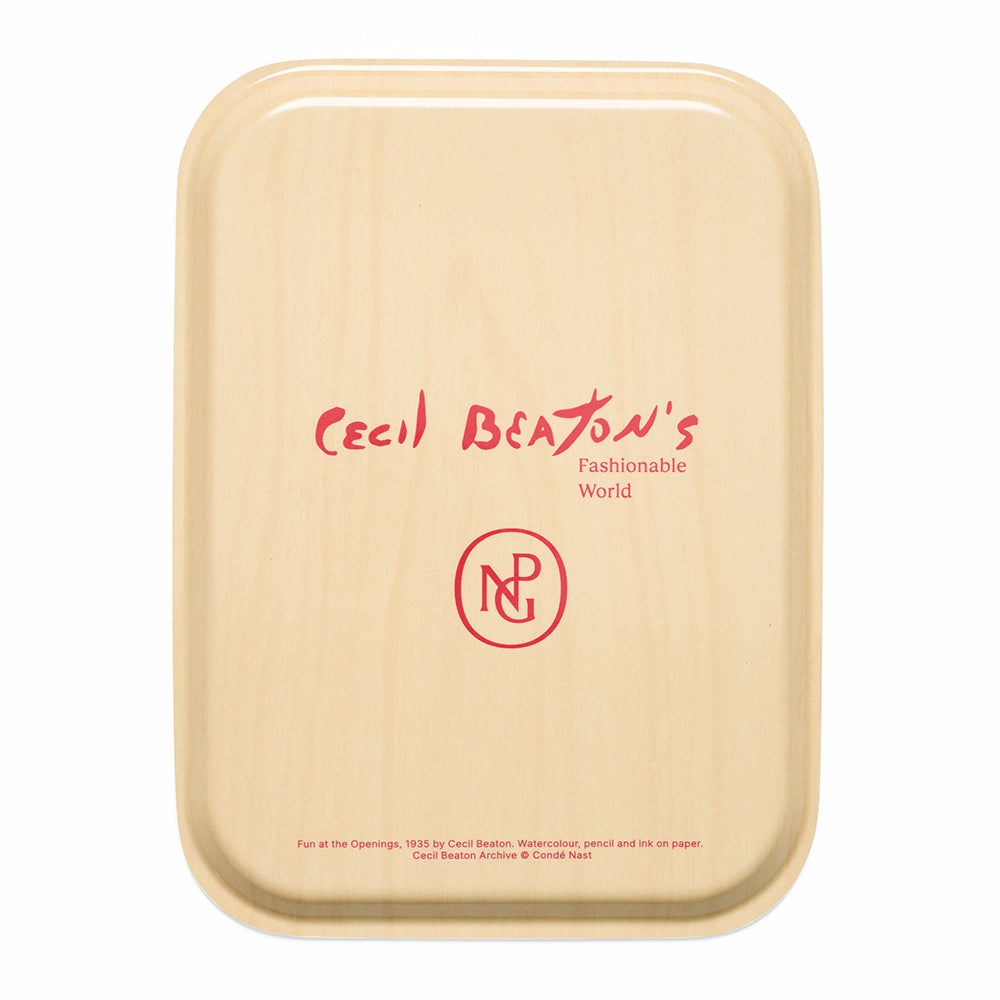 Reverse of rectangular tray with 'cecil beaton's fashionable world' text and npg logo against a white background