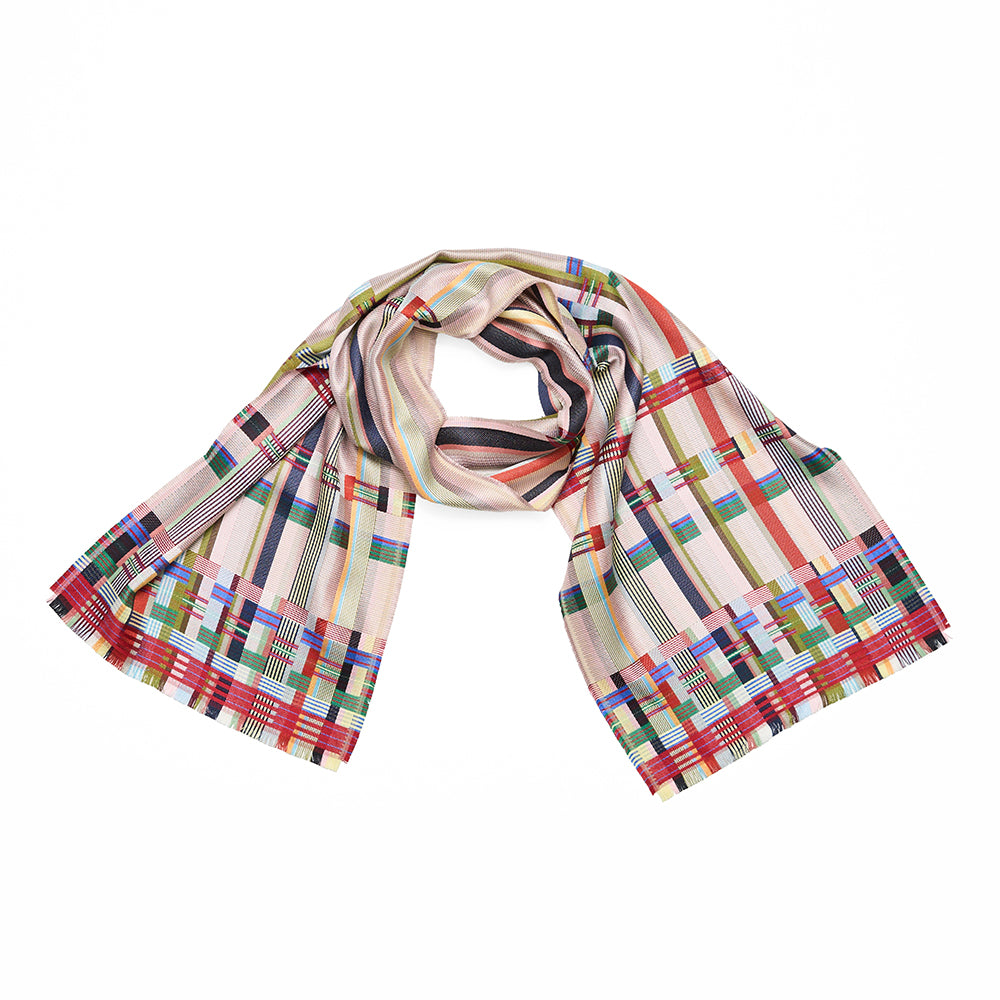 A multicoloured scarf with a geometric pattern of stripes and squared styled in a wrap around fashion.