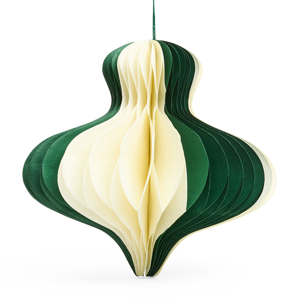 A chandelier shaped paper honeycomb decoration in green and white stripes.