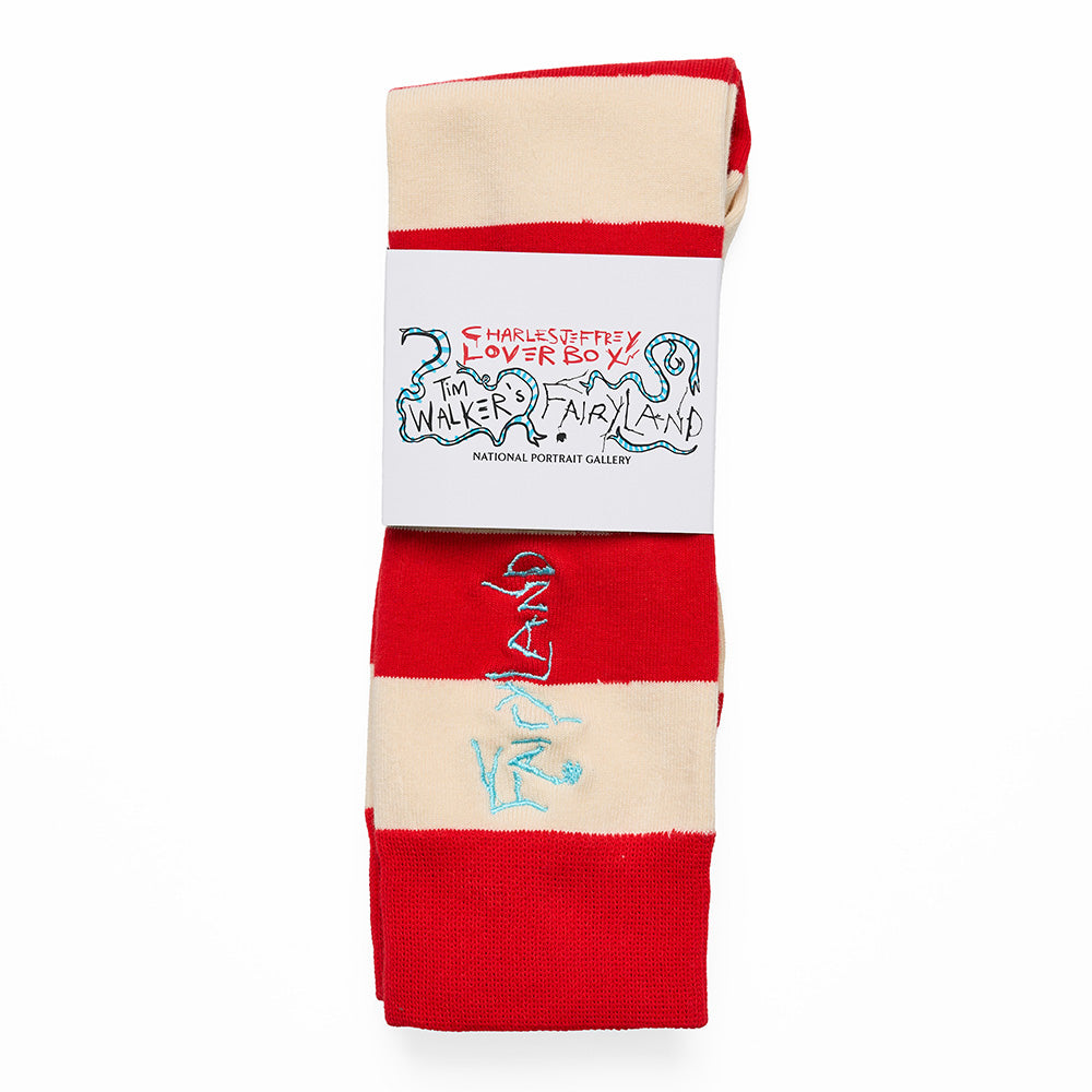 Charles jeffrey tim walker red striped socks packaging