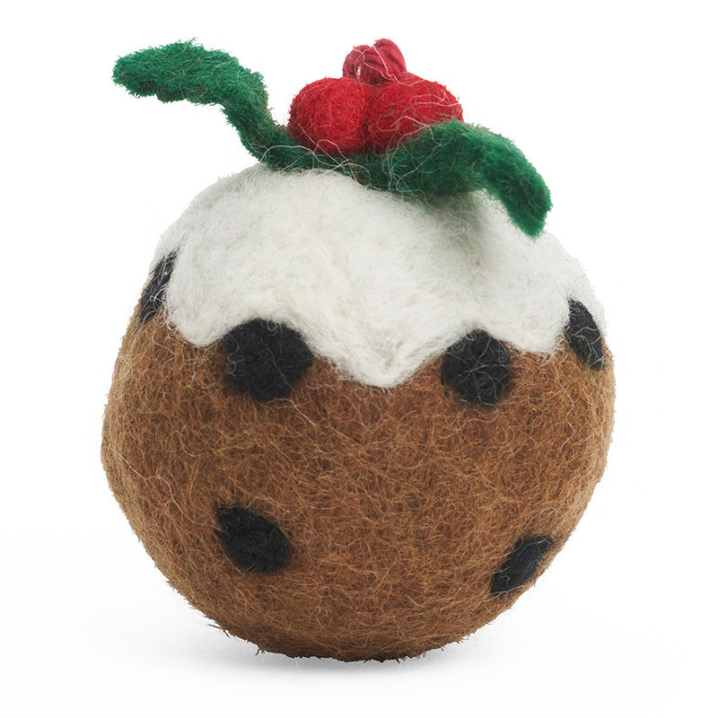 A 3d felted christmas pudding decoration topped with a felted holly leaf and berries.
