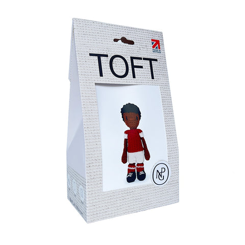 Crochet kit featuring a mini doll of a male footballer in full kit. 