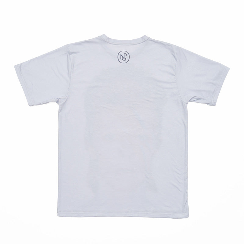 Revers of white t shirt featuring the npg monogram.