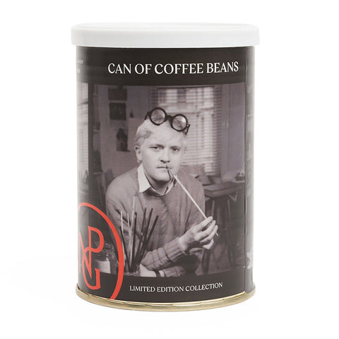 A metal coffee tin with white lid featuring a black and white photo of David Hockney and NPG monogram in red. 