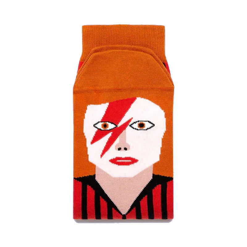 Front view of a pair of socks with a colour block illustration of david bowie and lightning bolt makeup.