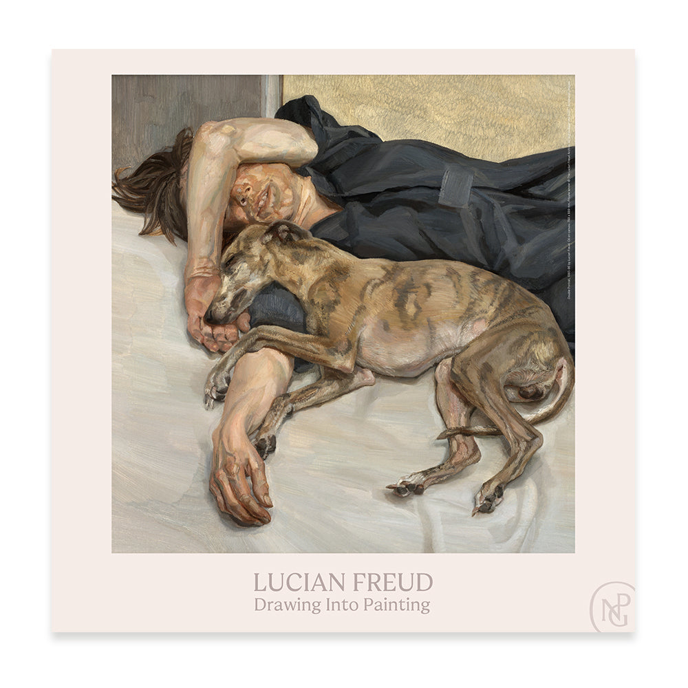 Painting by lucian freud of a woman lying on a bed with a dog, with 'lucian freud' and 'drawing into painting' text below.