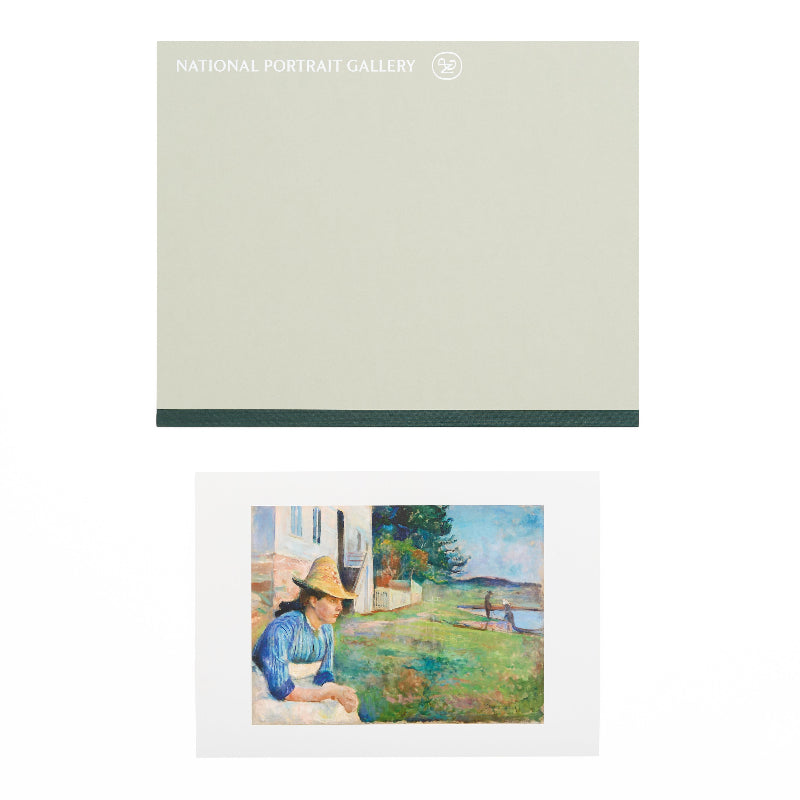 Image: the bottom half contains a picture of a woman in blue sitting in the grass by a pond. the upper half shows the beige outer packaging of this print with national portrait gallery and the npg logo in white on the top left of the sheet.