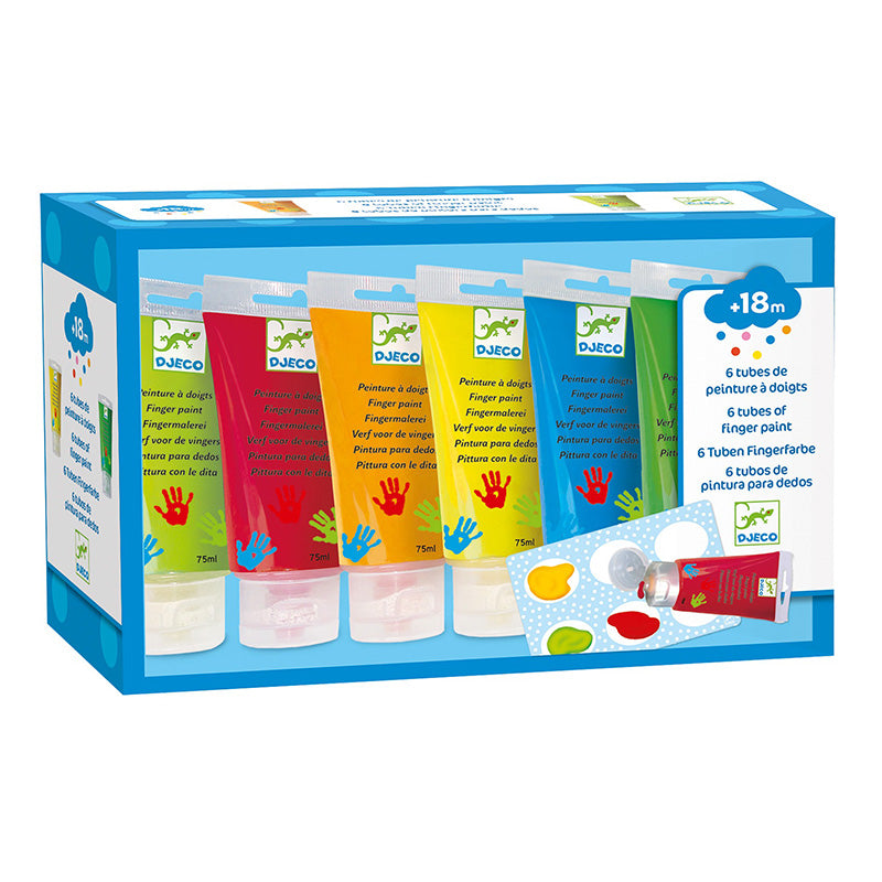 Image: a boxed set of 6 tubes of finger paints in a selection of bright colours.