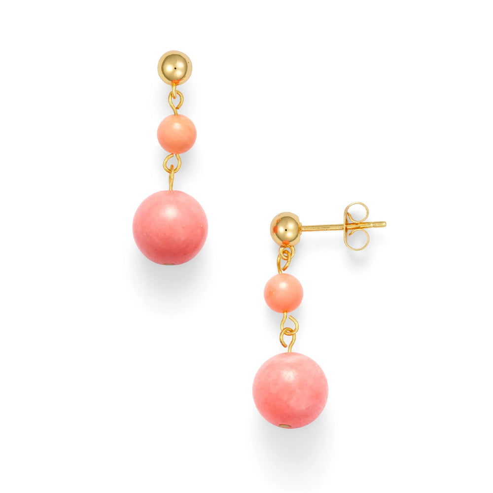 A pair of pink beaded earrings with a gold clasp against a white background