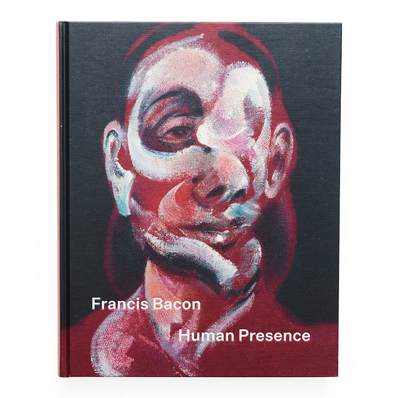 Abstract red and white portrait by francis bacon with the exhibition title 'francis bacon human presence' in white.