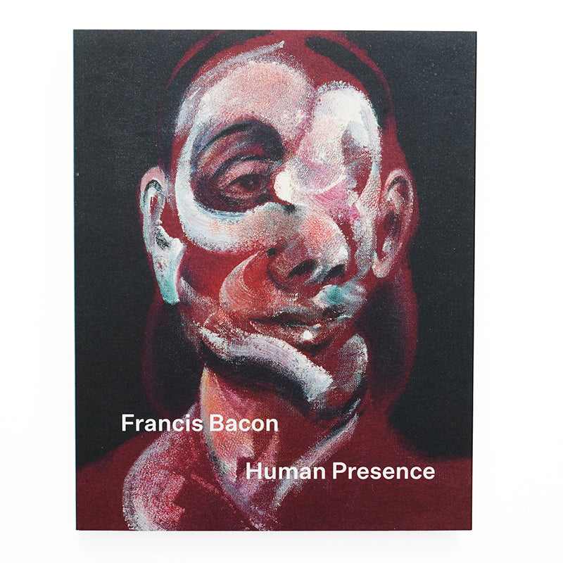 Abstract red and white portrait by francis bacon on the cover with the exhibition title 'francis bacon human presence' in white.