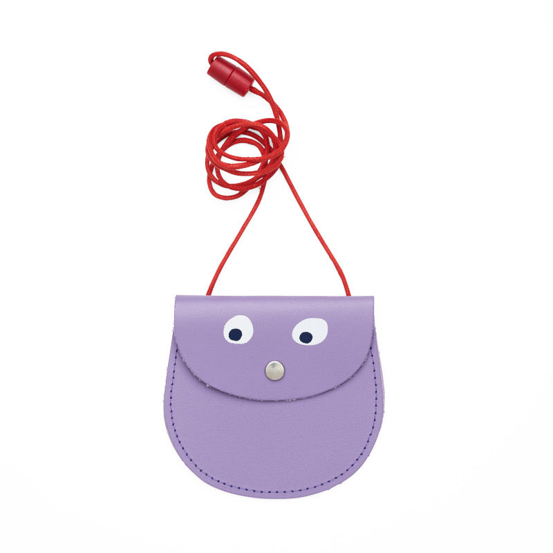 Purple pocket purse with strap featuring printed googly eye design .