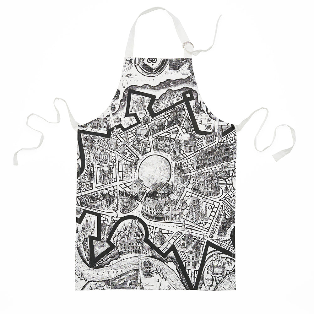 Apron with black and white map design on a white background