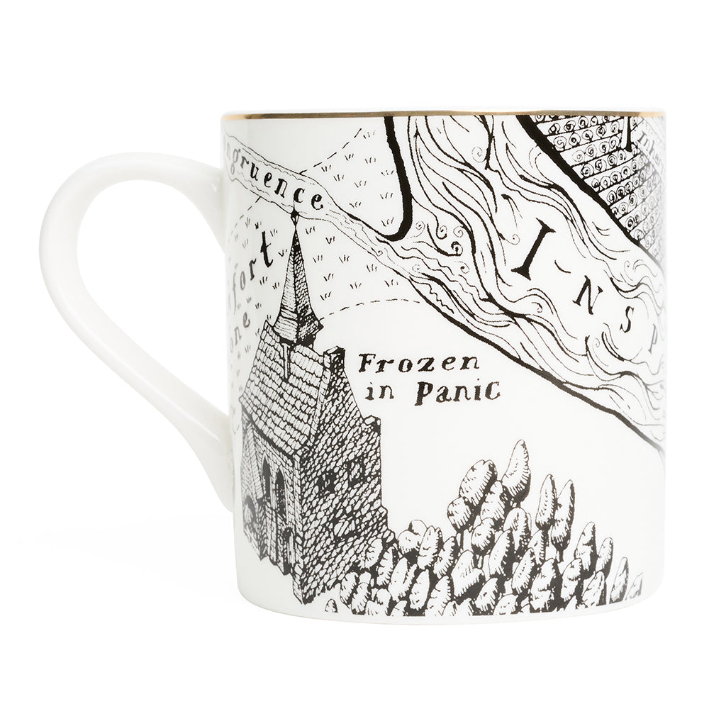 Mug with black and white illustration of a map and text on a white background