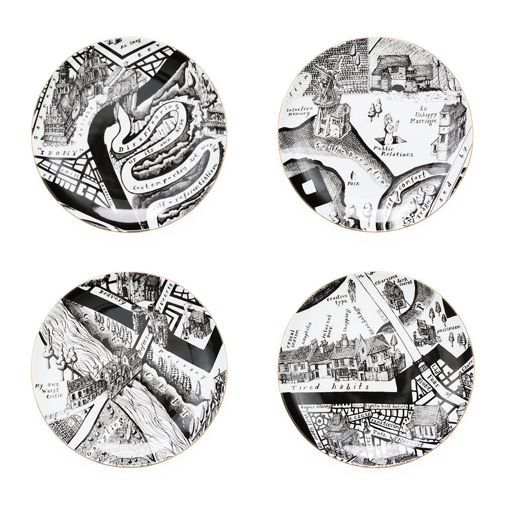Set of four black and white plates with map illustrations on a white background