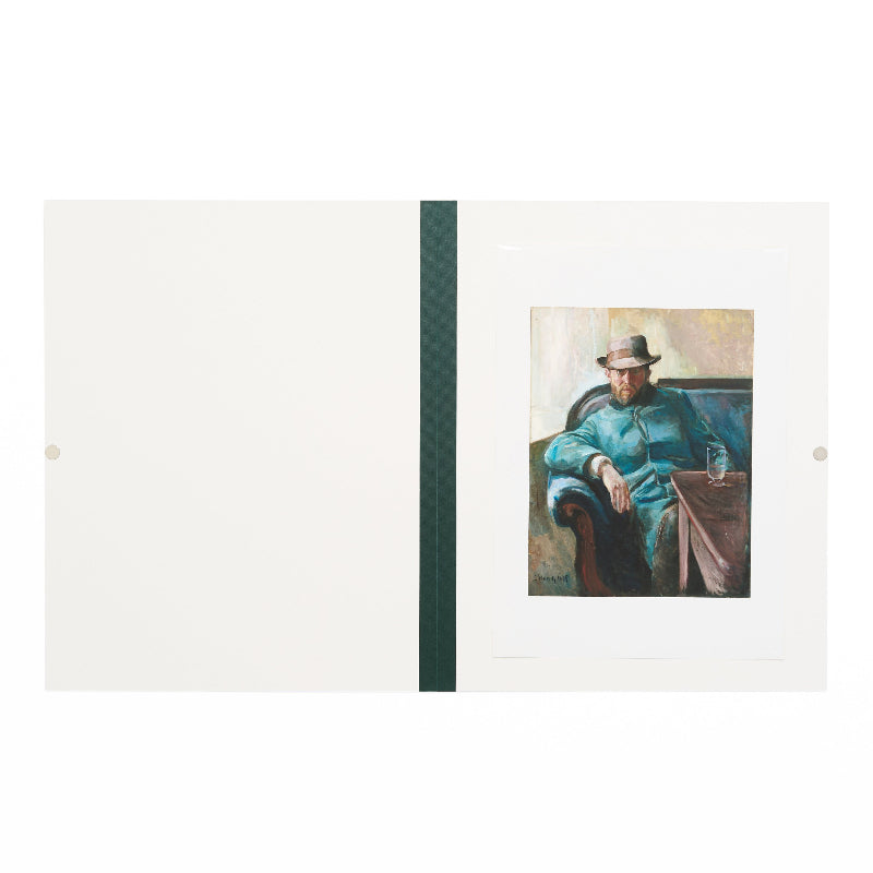 Image: this image shows the inside of the folio print. with a black spine, the left hand side is all white. on the right, there is the folio print of the portrait of a man in a blue coat sitting on a blue couch.