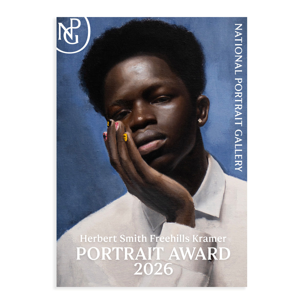 Exhibition poster for the national portrait gallery herbert smith freehills kramer portrait award 2026 featuring a portrait of a person with a hand on their face.