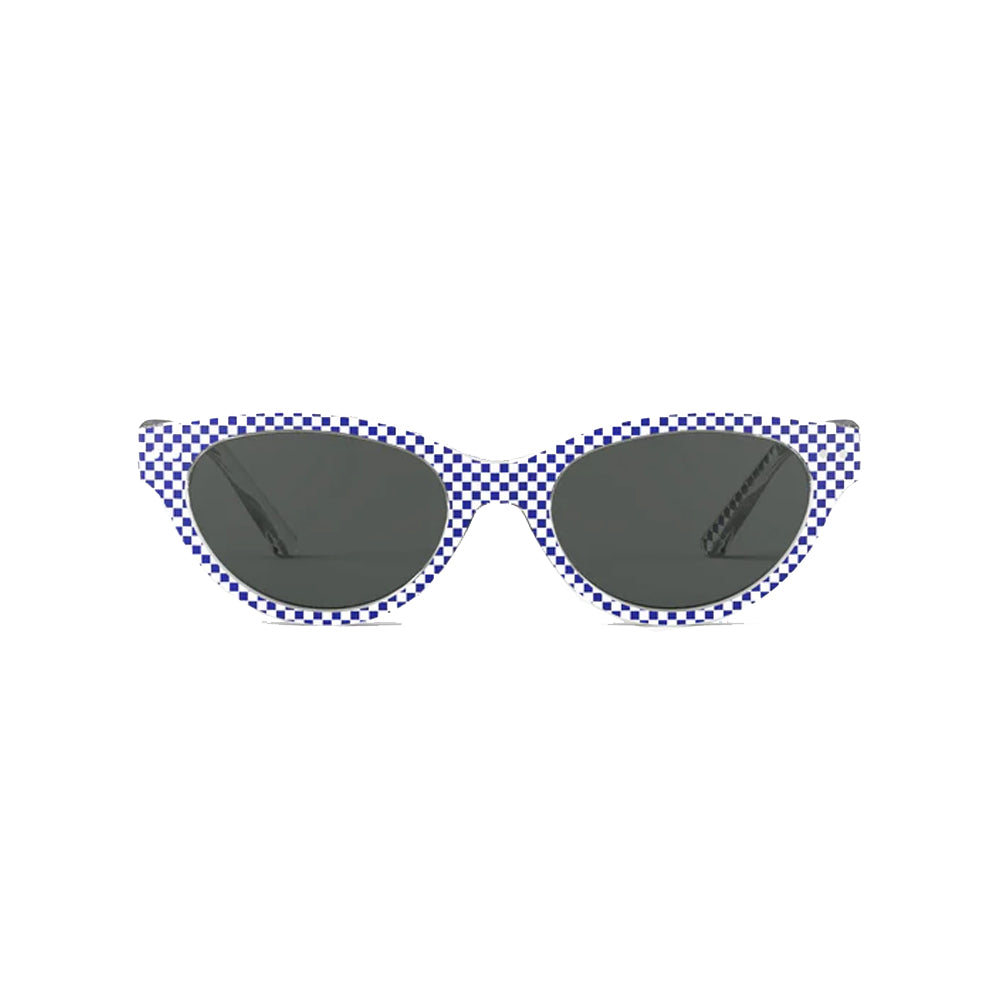 Blue and white chequered sunglasses against a white background