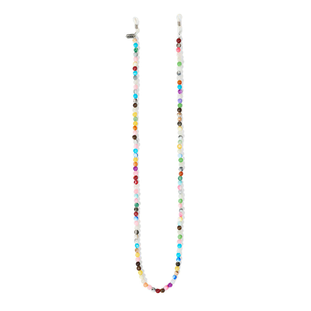 Multi coloured beaded sunglasses cord on a white background