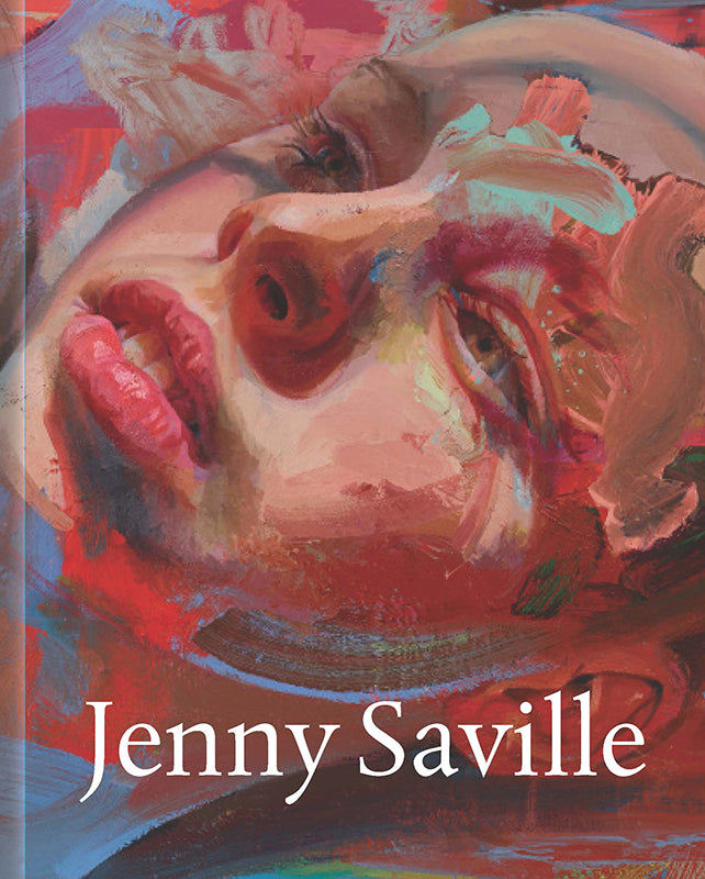 Hardcover catalogue cover featuring a painting by jenny saville with predominantly red and blue hues, depicting an abstracted, emotional portrayal of a human face.