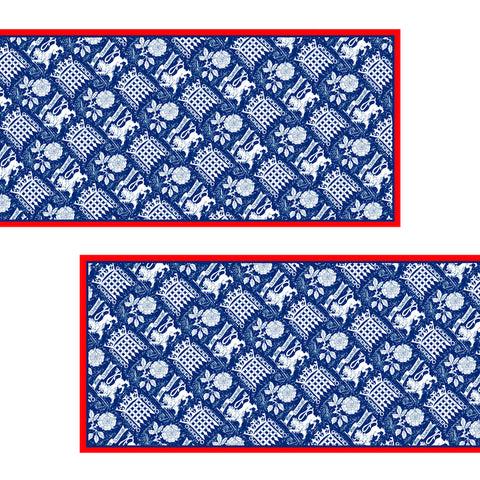 Two King Charles III Coronation design long silk scarves by Rory Hutton in blue, white and red, side by side.