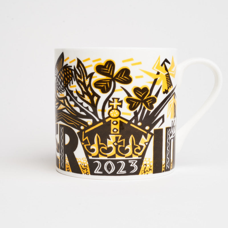 Back of king charles iii coronation mug featuring a crown and ‘2023’ design by clare curtis.