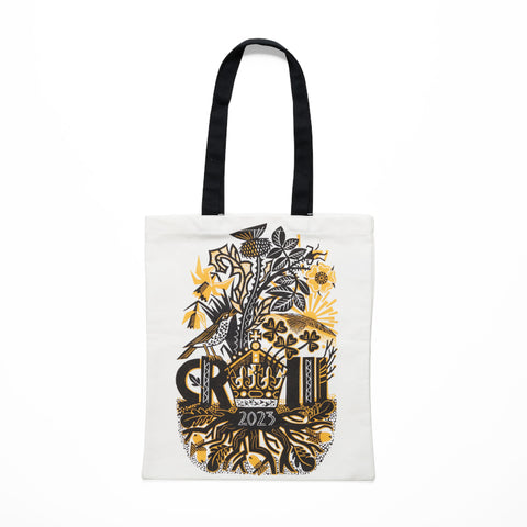 King Charles III Coronation tote bag featuring bird and flower print design by Clare Curtis