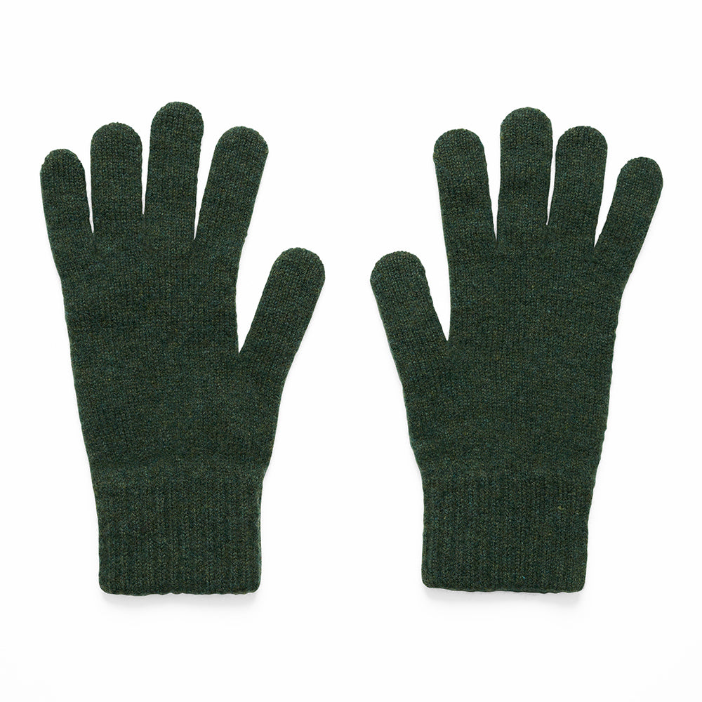 Pair of knitted dark green gloves on a white background