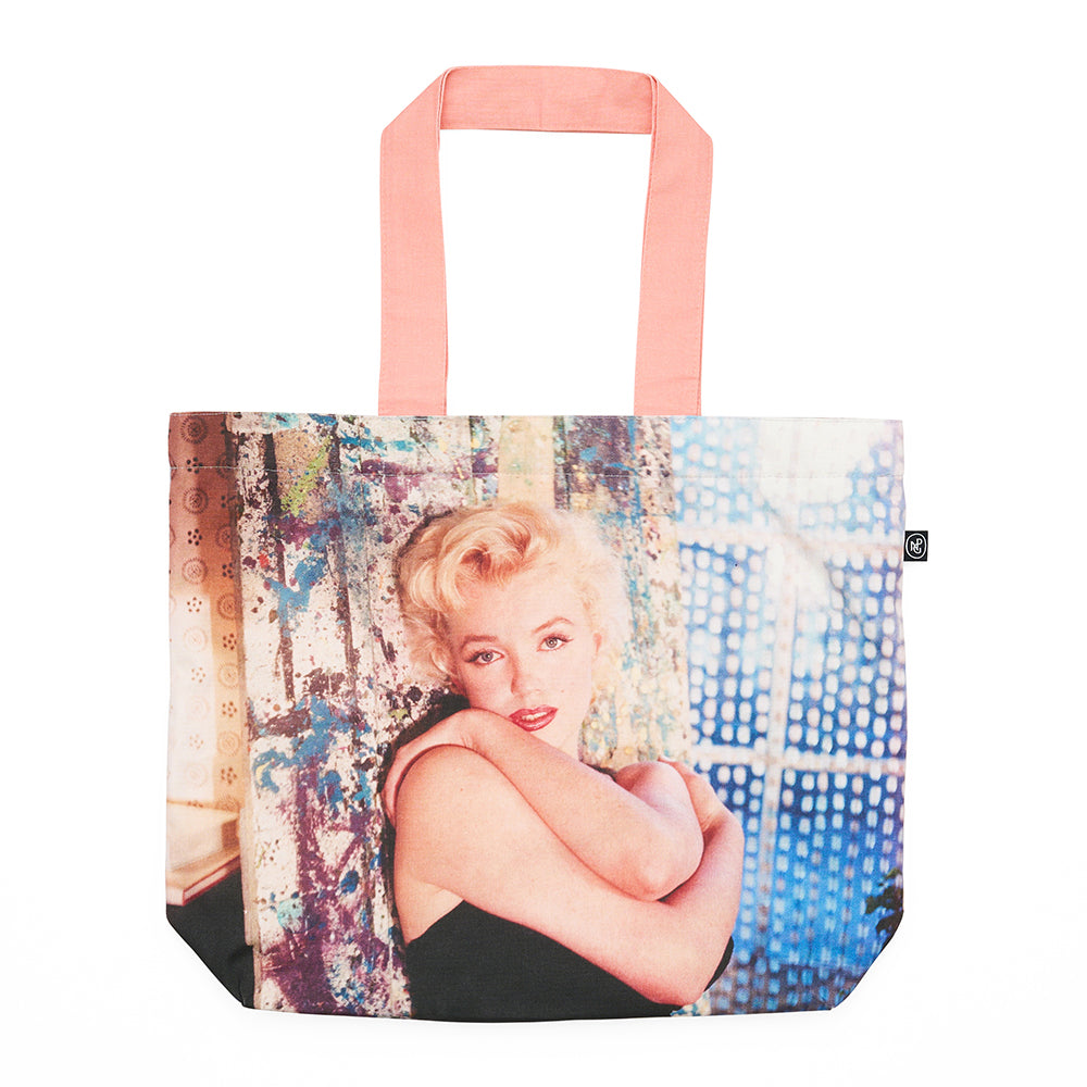 Tote bag with a graphic of a famous actress on a colorful background