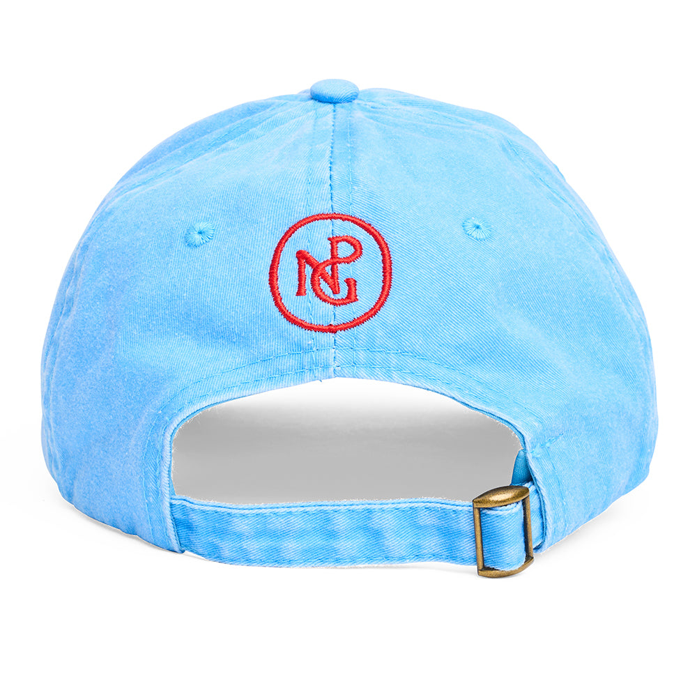 Reverse view of light blue cap with red npg logo against a white background