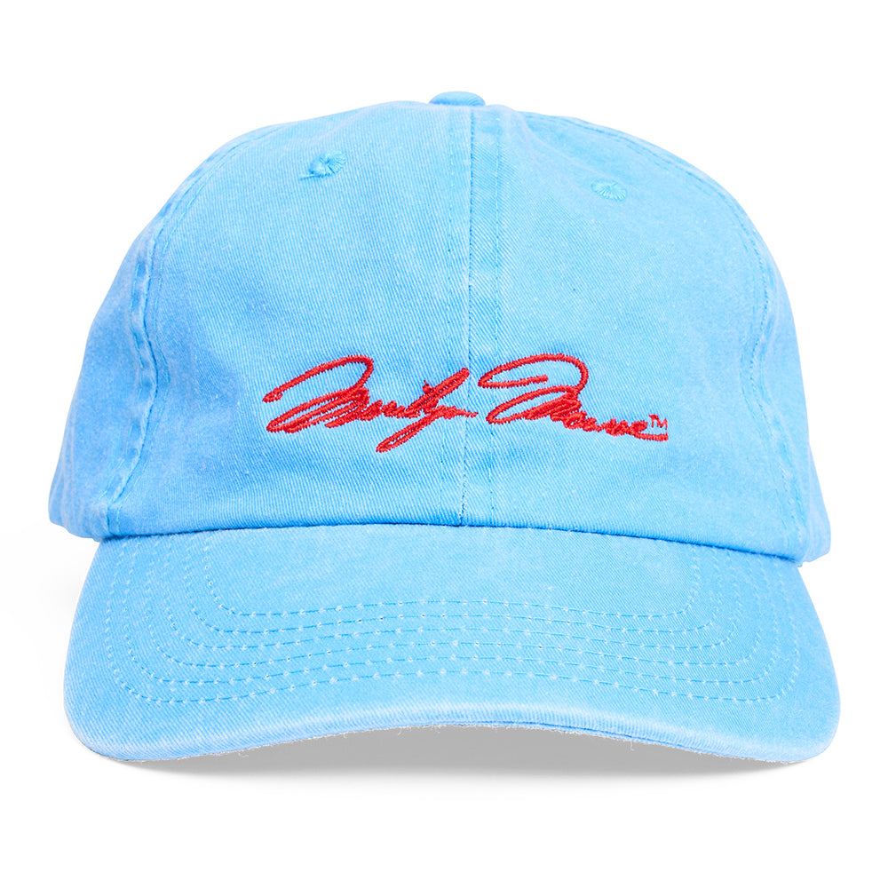 Light blue cap with red embroidered text on a white background
