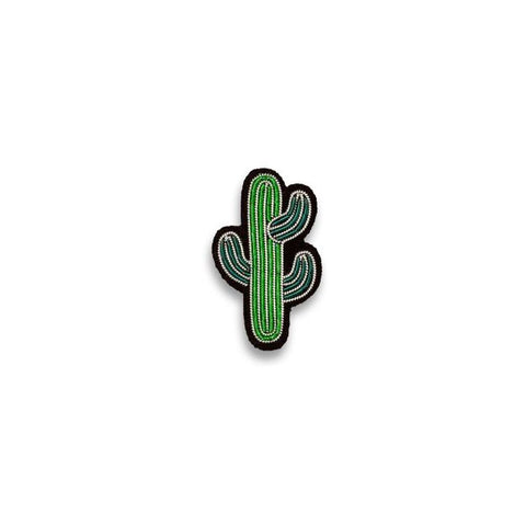 Mini cactus shaped embroidered brooch in green.